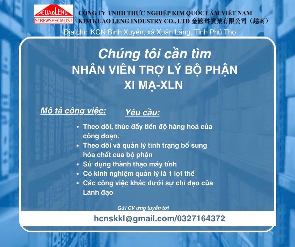 công ty TNHH thực nghiệp kim quốc lân việt nam
công ty có 100% vốn trung quốc
chuyên sản xuất cấu kiện kim loại image