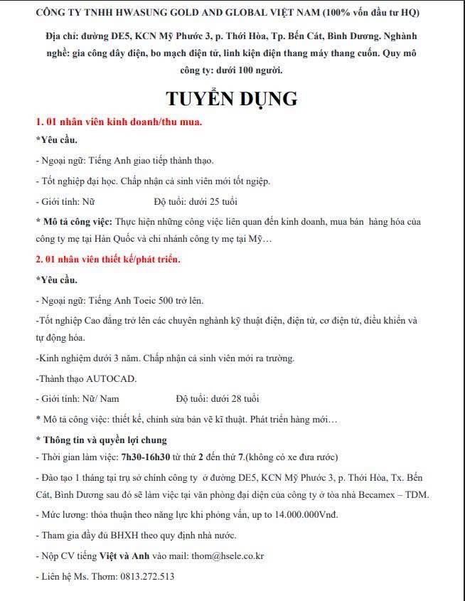 công ty TNHH hwasung gold and global việt nam
công ty có 100% vốn hàn quốc
chuyên sản xuất thiết bị điện tử image