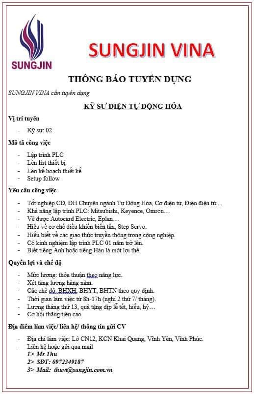 công ty TNHH sungjin vina.
công ty có 100% vốn hàn quốc, chuyên sản xuất linh kiện điện tử. image