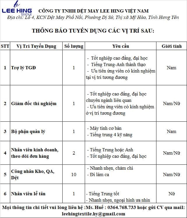 công ty TNHH dệt may lee hing việt nam hình ảnh tuyển dụng