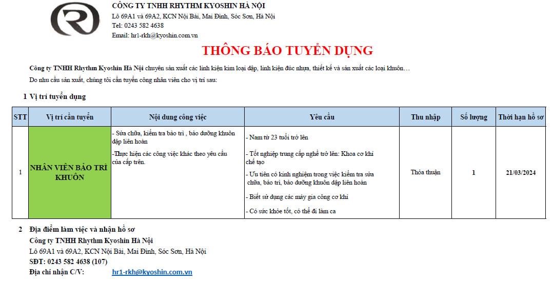 công ty TNHH rhythm kyoshin hà nội
công ty có 100% vốn nước ngoài.
chuyên gia công kim loại, dập, ép.. image