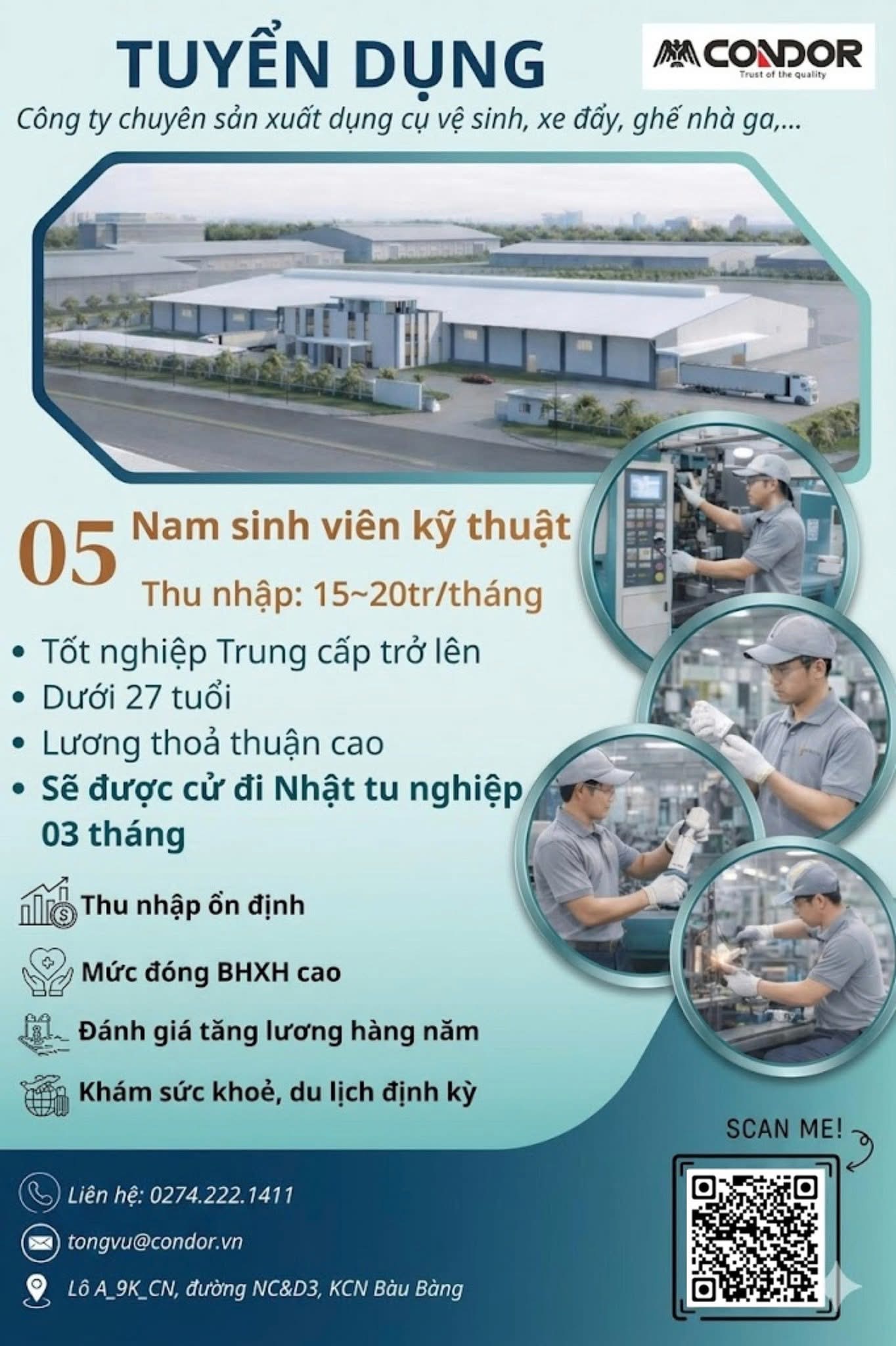 công ty TNHH condor việt nam
công ty có 100% vốn nhật bản
chuyên sản xuất thiết bị vệ sinh, xe đẩy, ghế nhà ga image