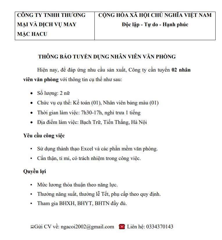 công ty TNHH thương mại và dịch vụ may mặc hacu hình ảnh tuyển dụng