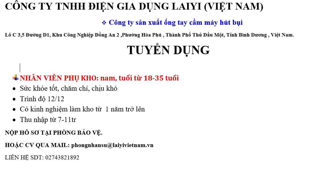 công ty TNHH điện gia dụng laiyi việt nam
công ty có 100% vốn nước ngoài
chuyên sản xuất ống tay cầm máy hút bụi. image