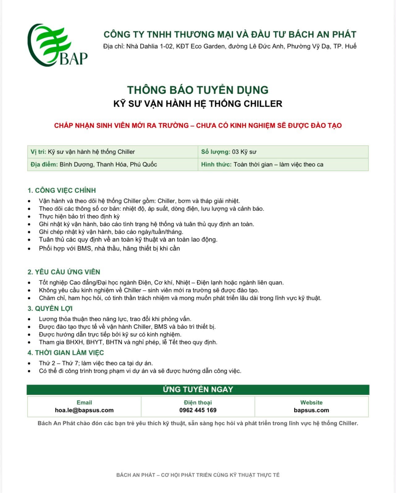 công ty TNHH thương mại và đầu tư bách an phát hình ảnh tuyển dụng