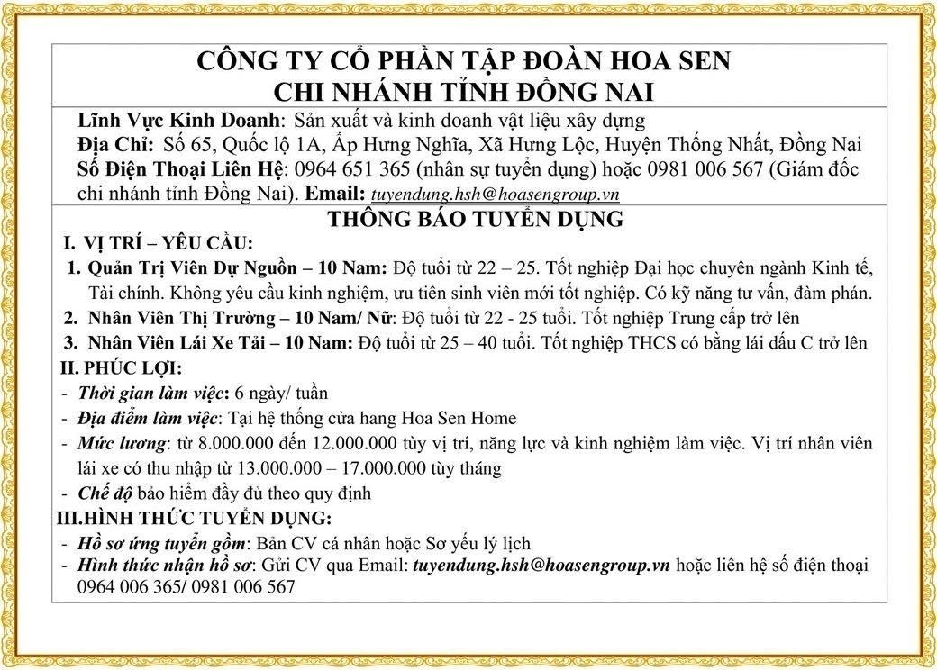 công ty cổ phần tập đoàn hoa sen- chi nhánh đồng nai hình ảnh tuyển dụng