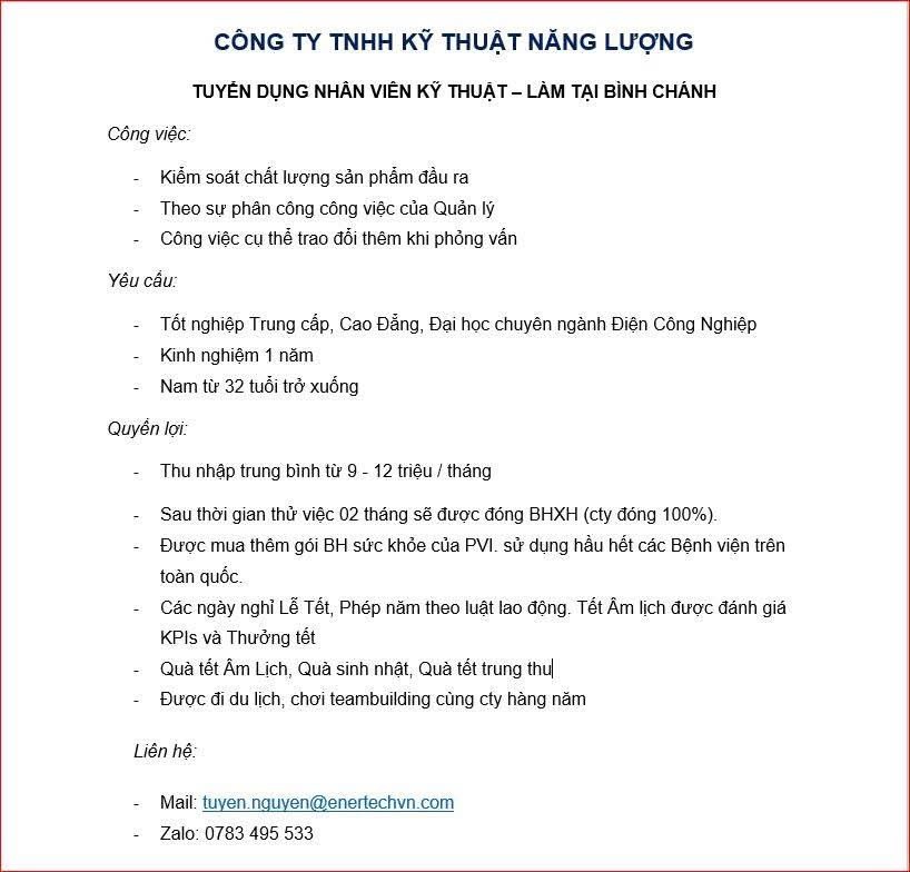 công ty TNHH kỹ thuật năng lượng hình ảnh tuyển dụng