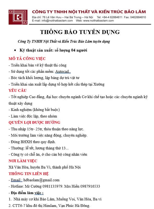 công ty TNHH nội thất và kiến trúc bảo lâm hình ảnh tuyển dụng