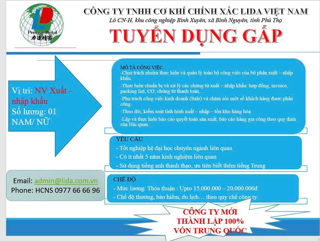 công ty TNHH cơ khí chính xác lida việt nam hình ảnh tuyển dụng