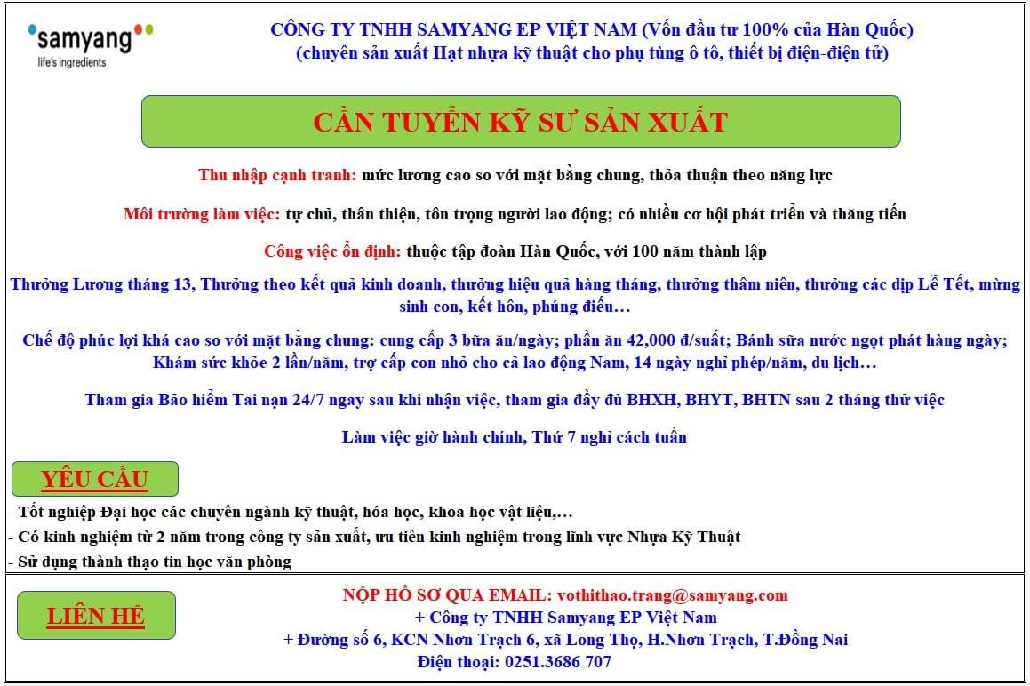 công ty TNHH samyang ep việt nam
công ty có 100% vốn hàn quốc
chuyên sản xuất hạt nhựa kỹ thuật cho phụ tùng ô tô, thiết bị điện tử. image