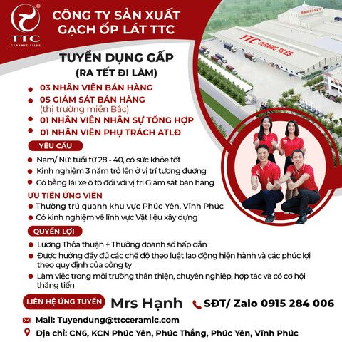 Công ty sản xuất gạch ốp lát TTC hình ảnh tuyển dụng