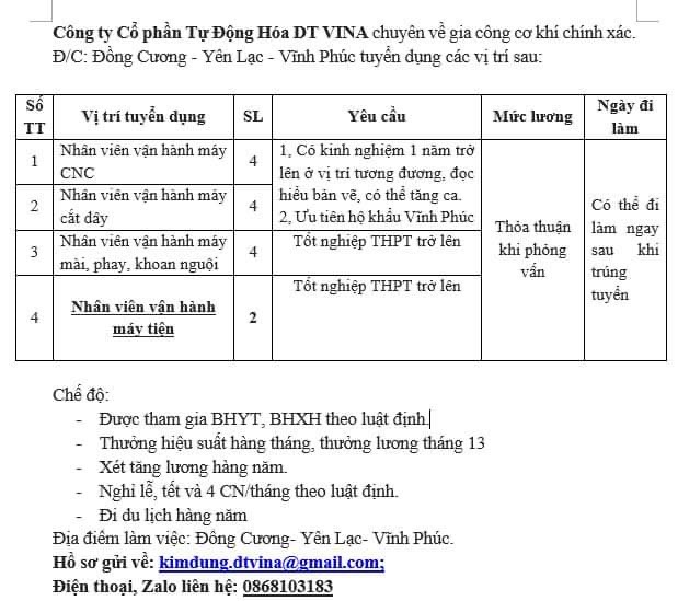 công ty TNHH tự động hoá dt vina
chuyên gia công về cơ khí chính xác
 image