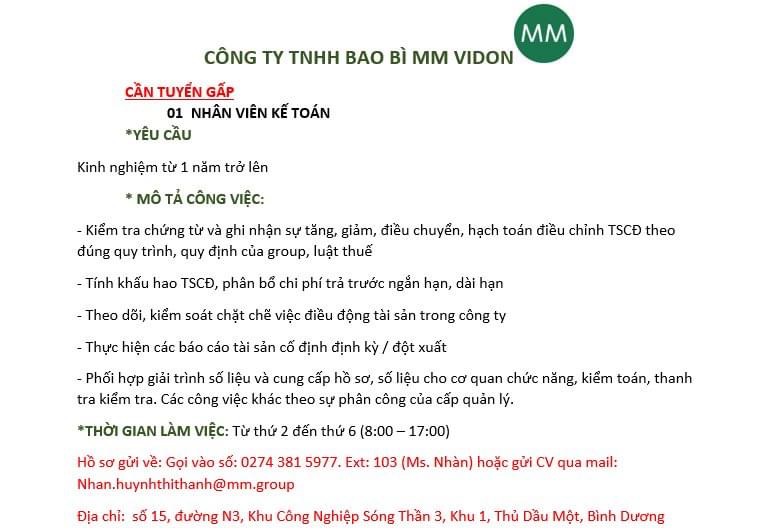 công ty TNHH bao bì mm vidon hình ảnh tuyển dụng