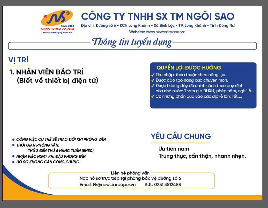 công ty TNHH sxtm ngôi sao hình ảnh tuyển dụng