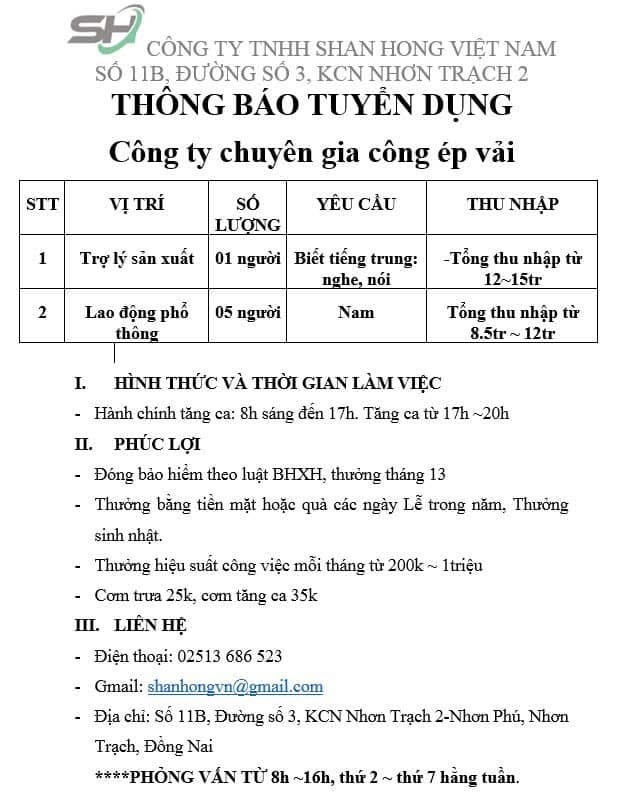 công ty TNHH shan hong việt nam
công ty có 100% vốn trung quốc.
chuyên gia công phụ kiện giày dép, may mặc. image