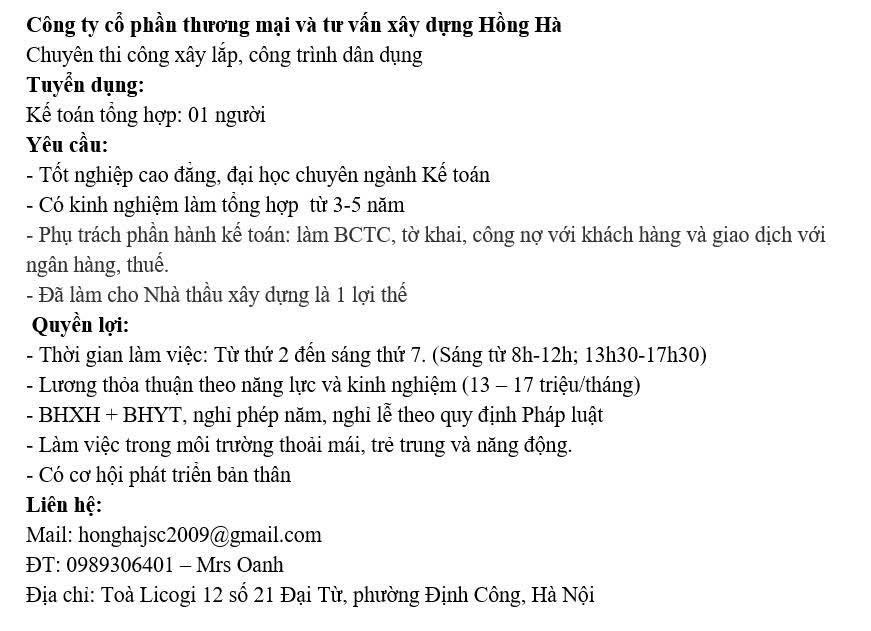 công ty cổ phần thương mại và tư vấn xây dựng hồng hà hình ảnh tuyển dụng