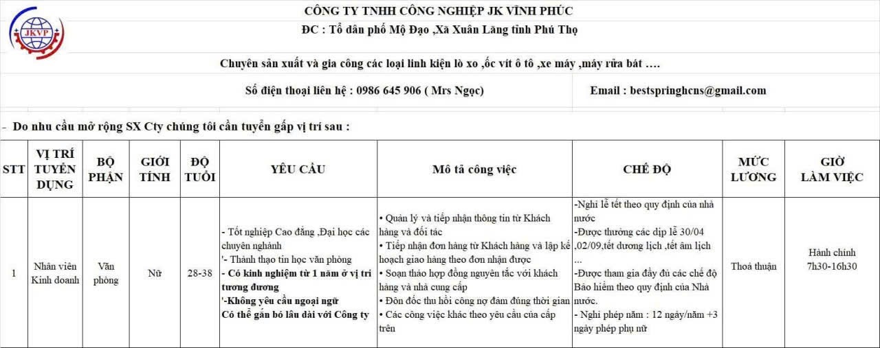 công ty TNHH công nghiệp jk vĩnh phúc hình ảnh tuyển dụng