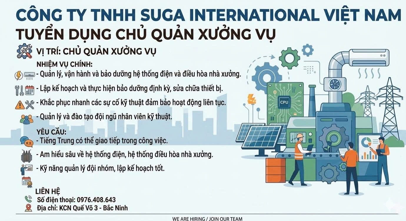 công ty TNHH suga international việt nam
công ty có 100% vốn hàn quốc
chuyên sản xuất linh kiện điện tử
 image