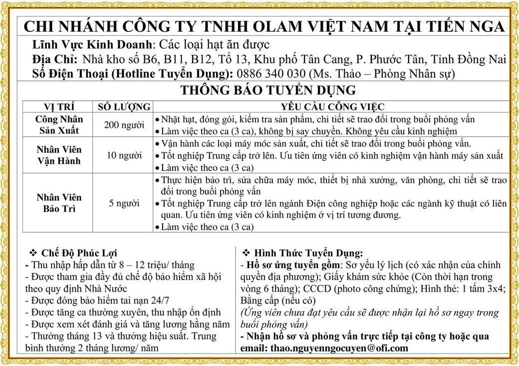 chi nhánh công ty TNHH olam việt nam hình ảnh tuyển dụng