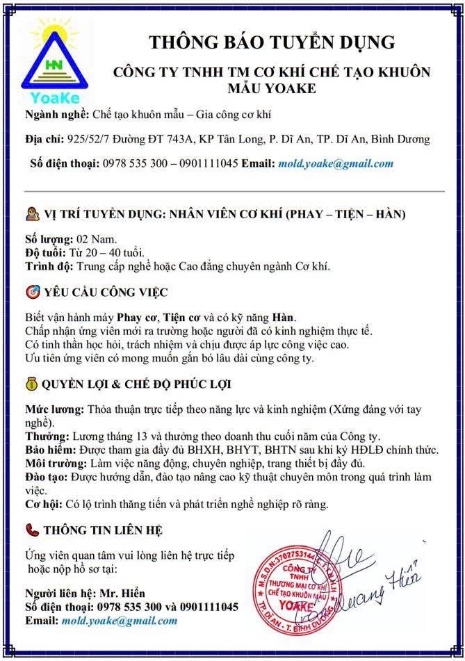 công ty TNHH tm cơ khí chế tạo khuôn mẫu yoake 
công ty chuyên chế tạo khuôn mẫu và gia công cơ khí chính xác image