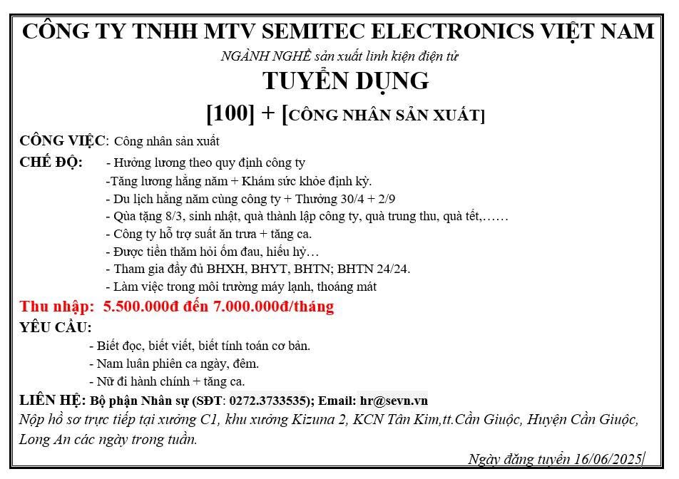 công ty TNHH mtv semitec electronics việt nam
công ty có 100% vốn nước ngoài
chuyên sản xuất linh kiện điện tử image