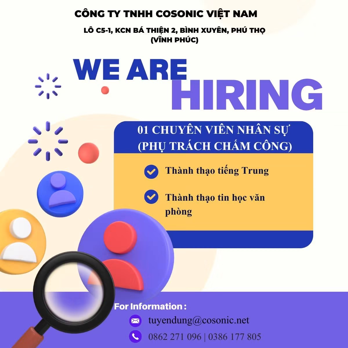 công ty TNHH cosonic việt nam
công ty có 100% vốn trung quốc
chuyên sản xuất linh kiện điện tử, tai nghe,loa.. image