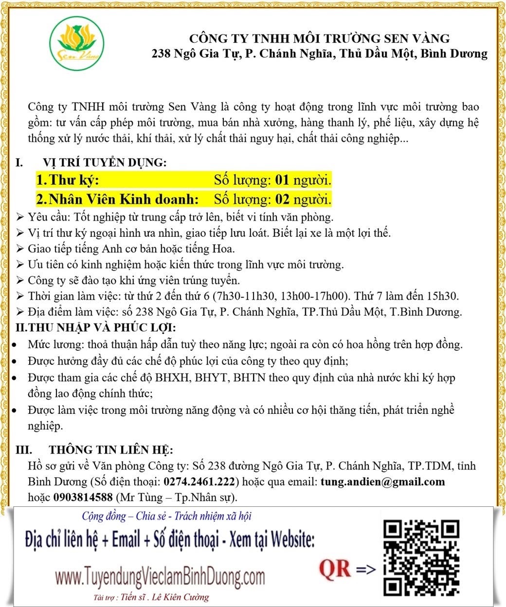 công ty TNHH môi trường sen vàng.
công ty hoạt động trong lĩnh vực môi trường, sử lý nước thải, rác thải. image