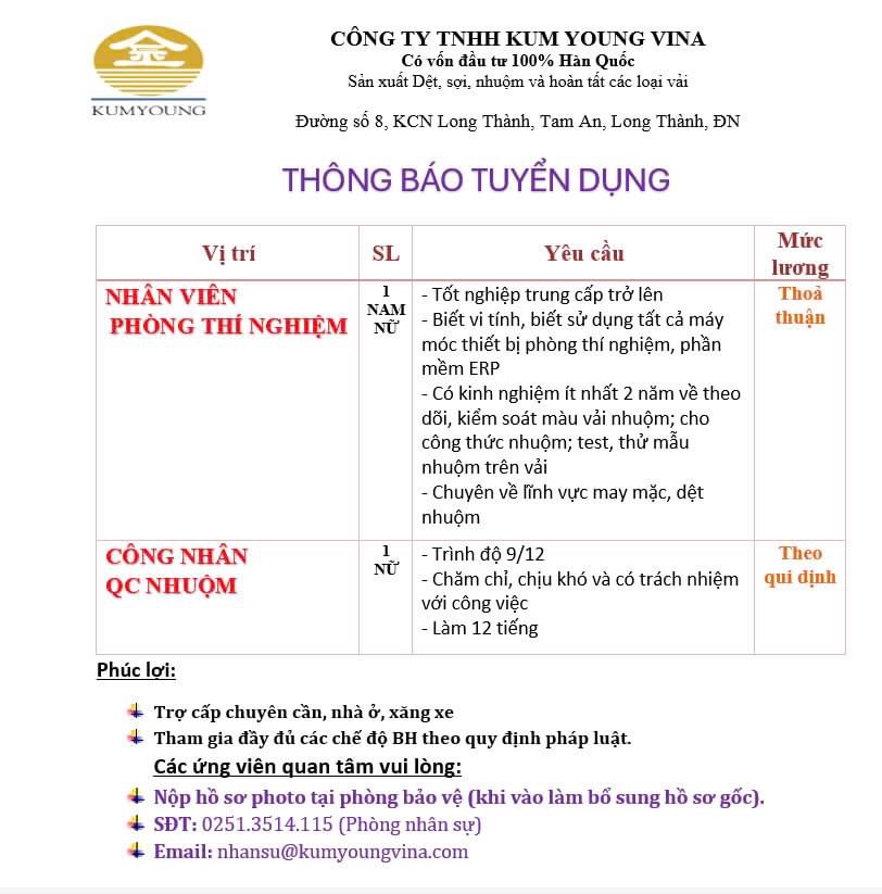 công ty TNHH kum young vina
công ty có 100% vốn hàn quốc.
chuyên sản xuất dệt, sợi, nhuộm image