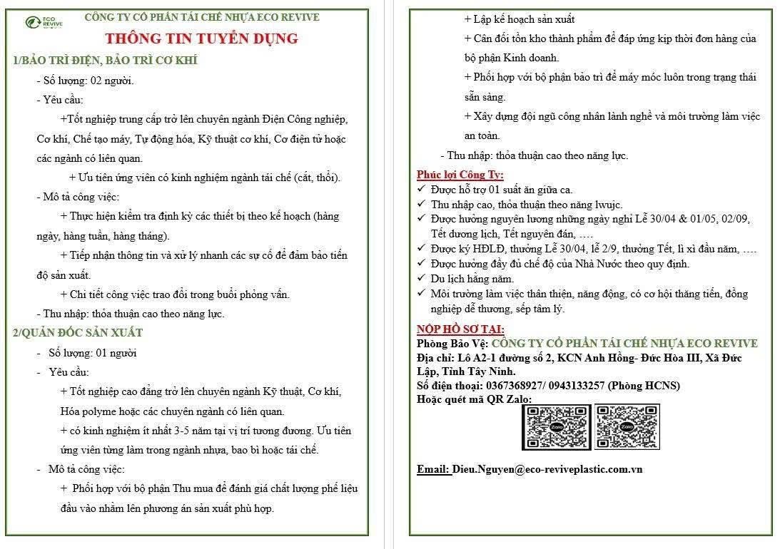 công ty cổ phần tái chế nhựa eco revive hình ảnh tuyển dụng