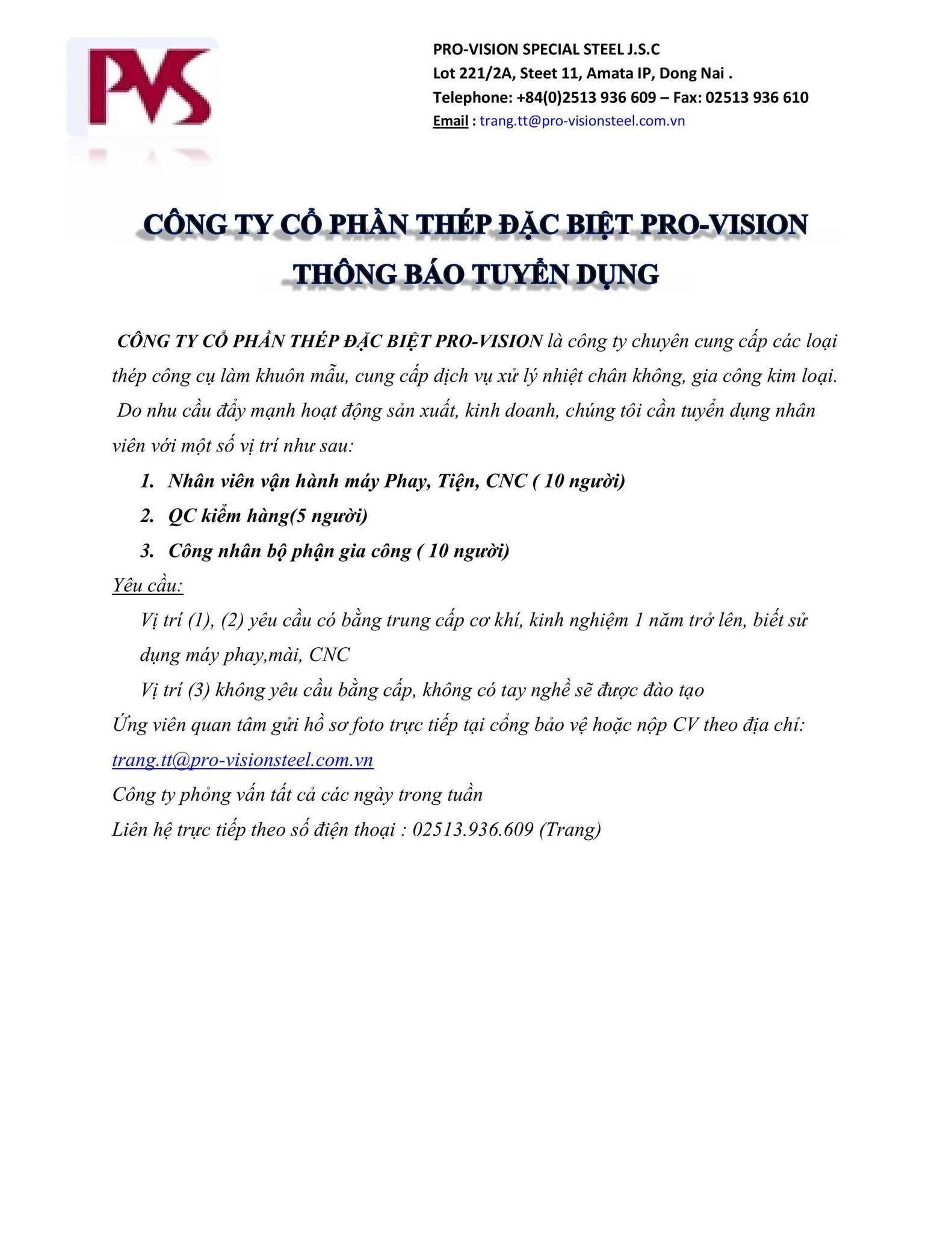 công ty cổ phần thép đặc biệt pro-vision hình ảnh tuyển dụng