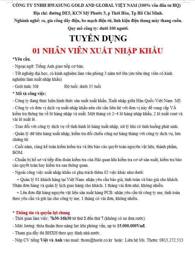 công ty TNHH hwasung gold and global việt nam hình ảnh tuyển dụng