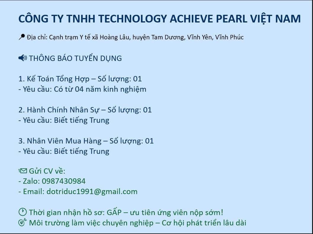 công ty TNHH technology achieve pearl việt nam hình ảnh tuyển dụng