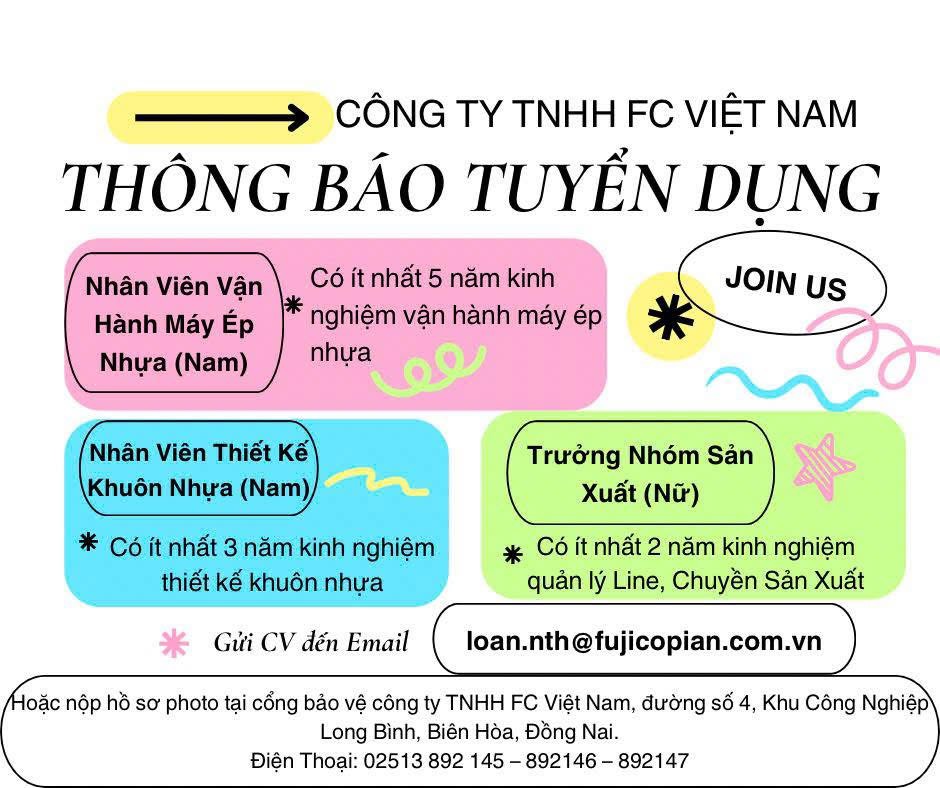 công ty TNHH FC việt nam
công ty có 100% vốn nhật bản
chuyên sản xuất các sản phẩm cho máy in kim, in nhiệt, các sản phẩm từ nhựa image
