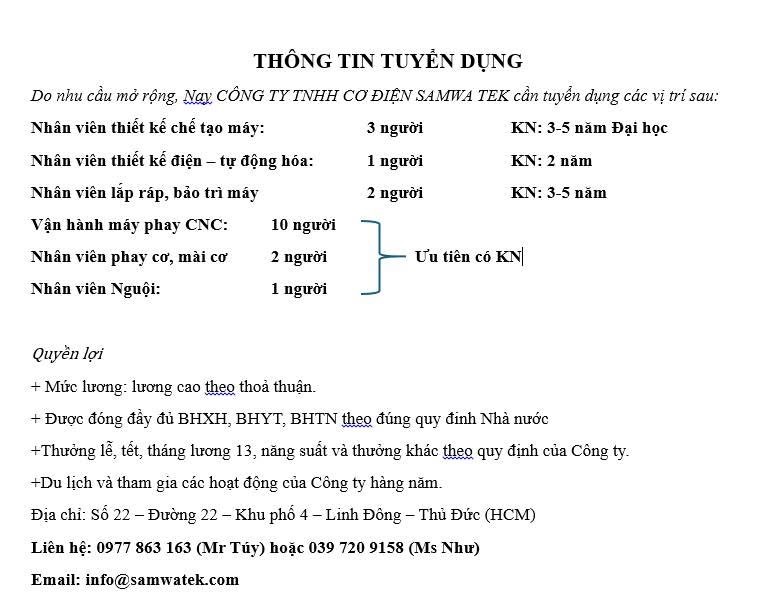 công ty TNHH cơ điện samwa tek
công ty chuyên gia công cơ khí và sửa chữa máy móc thiết bị. image