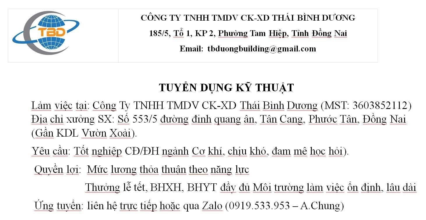 công ty TNHH tmdv ck-xd thái bình dương- xưởng đồng nai hình ảnh tuyển dụng