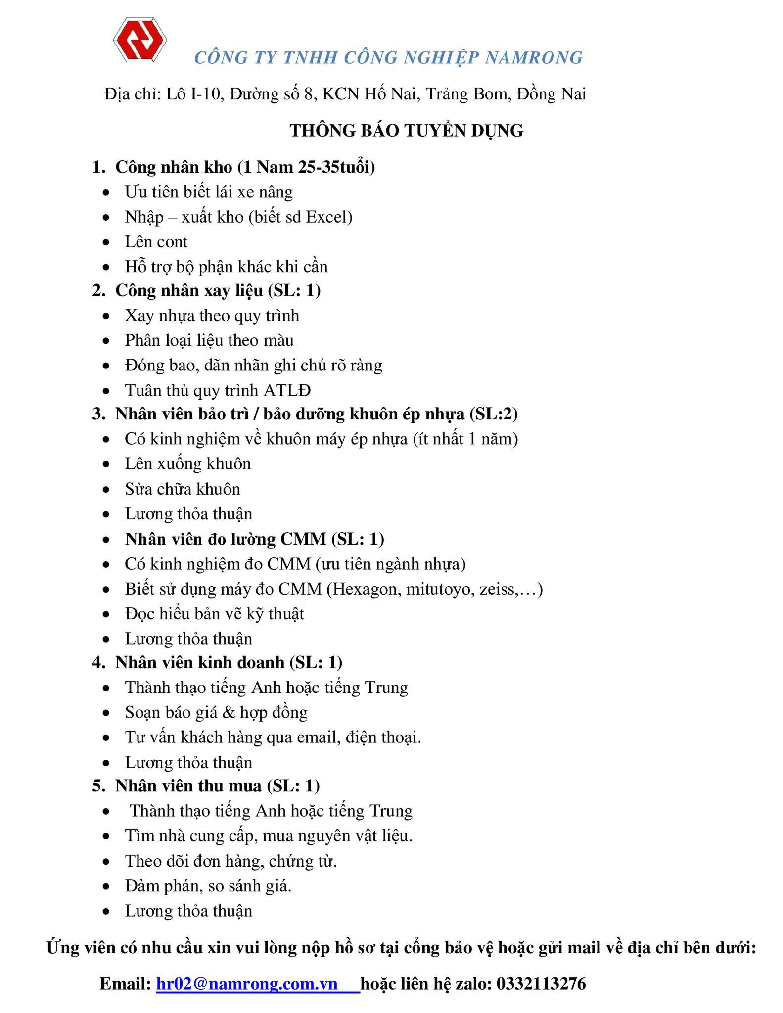 công ty TNHH công nghiệp namrong hình ảnh tuyển dụng